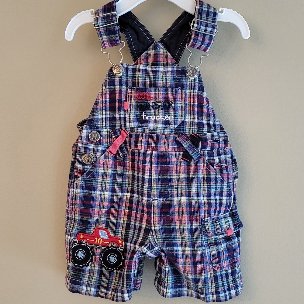 "Little Monster trucker" plaid shortalls